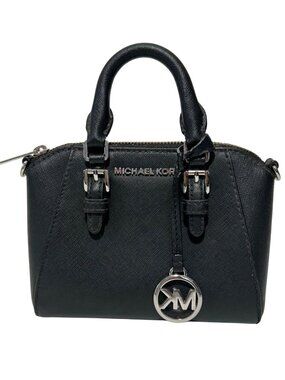 Michael Kors Women's Black Saffiano Leather Mini Satchel Handbag Silver-Tone